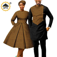 African Print Couples Clothing – Women’s Dress with Headwrap and Men’s Patchwork Top and Pants