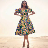 Elegant African Midi Dress – High - Waist Ankara Fashion Wear with Short Sleeves - Free Delivery Worldwide only at Flexi Africa