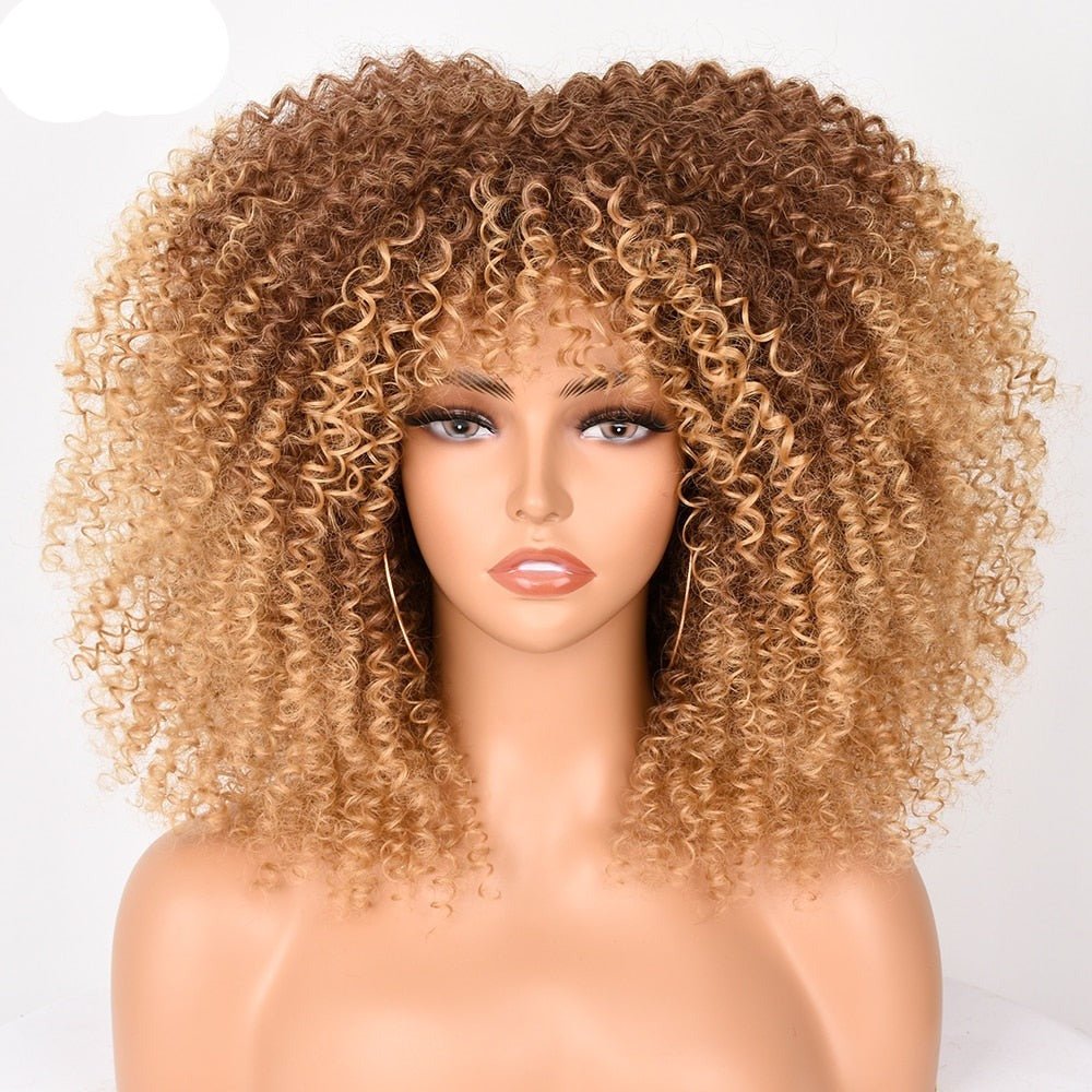 16" Short Kinky Curly Wig with Bangs Natural Synthetic Afro Hair for Black Women - Flexi Africa - Free Delivery Worldwide