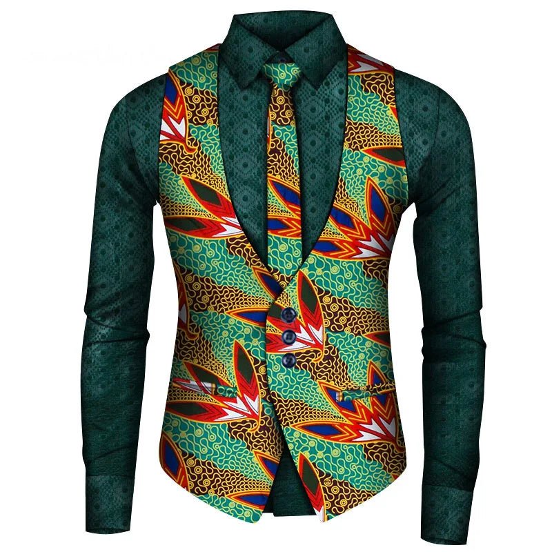 2024 New African Style Vest Men Africa Print Formal Business Casual Slim Vests Shirts Tie Set Men Prom Wedding Party Waistcoa - Free Delivery Worldwide only at Flexi Africa