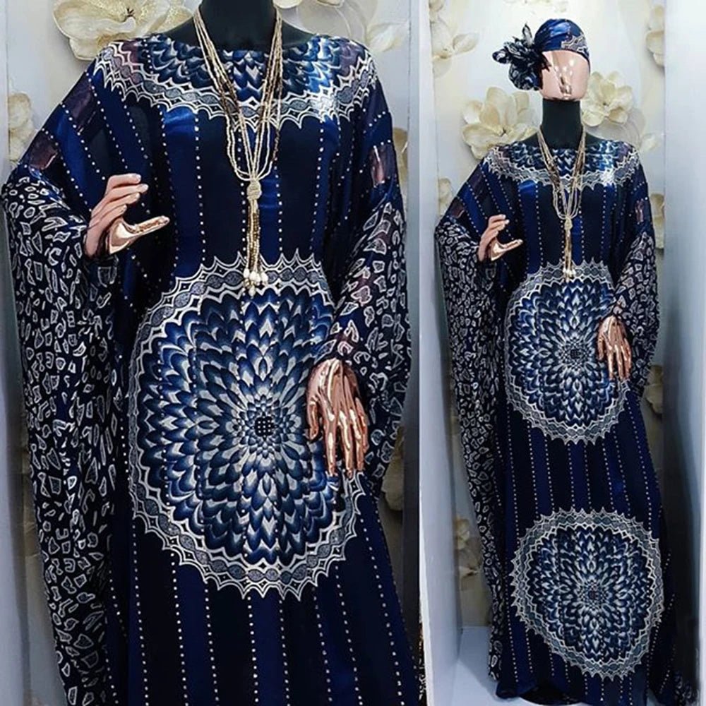 African Print Chiffon Maxi Dress in Ribbon Belt – Boho Ethnic Women's Summer Beach Party Wear - Free Delivery Worldwide