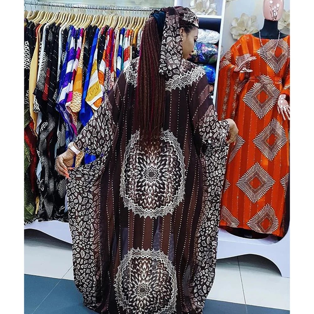 African Print Chiffon Maxi Dress in Ribbon Belt – Boho Ethnic Women's Summer Beach Party Wear - Free Delivery Worldwide