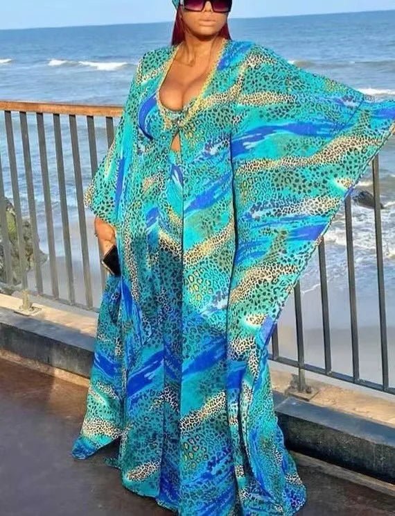 2PC Summer Chic: African Women's V-neck Polyester Printed - Top and Long Pants African Suit - Flexi Africa - Flexi Africa offers Free Delivery Worldwide - Vibrant African traditional clothing showcasing bold prints and intricate designs