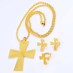 4PC Ethiopian Gold Cross Jewelry Set – Necklace, Earrings, Ring | African Party Accessories for Women & Girls - Free Delivery Worldwide only at Flexi Africa