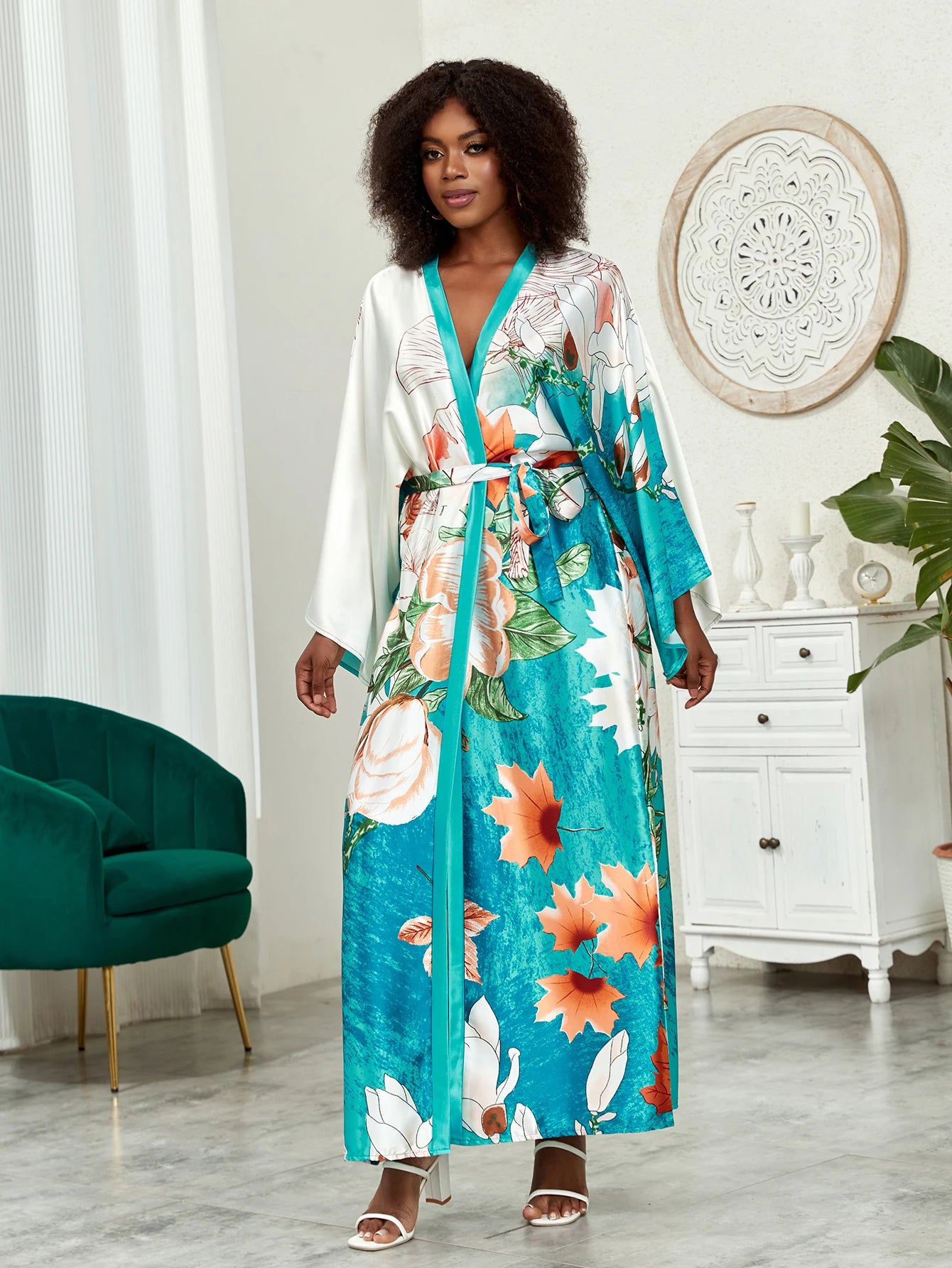 Buy Plus Size Boho Kimono, Women's Plus Lotus Print Contrast Binding Long for only $32.85 at Flexi Africa - Flexi Africa