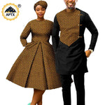 African Print Couples Clothing – Women’s Dress with Headwrap and Men’s Patchwork Top and Pants - Free Delivery Worldwide