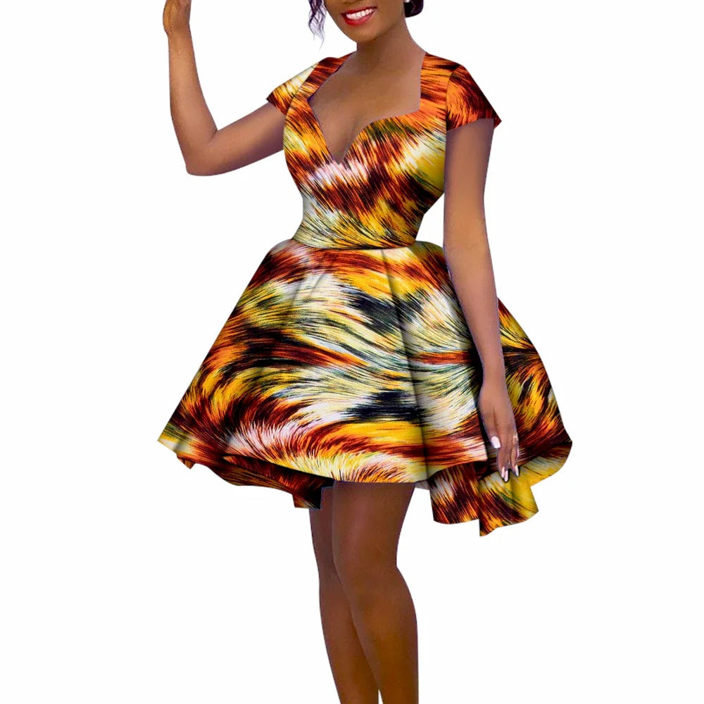African Women’s Summer Dress – Short Sleeve Ankara Dashiki Print Ball Gown