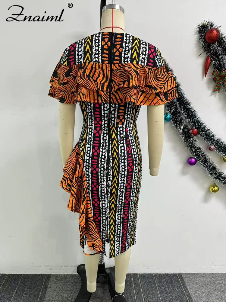 African Festival Print Midi Dress – Elegant Short Sleeve Ruffle Bodycon Summer Outfit