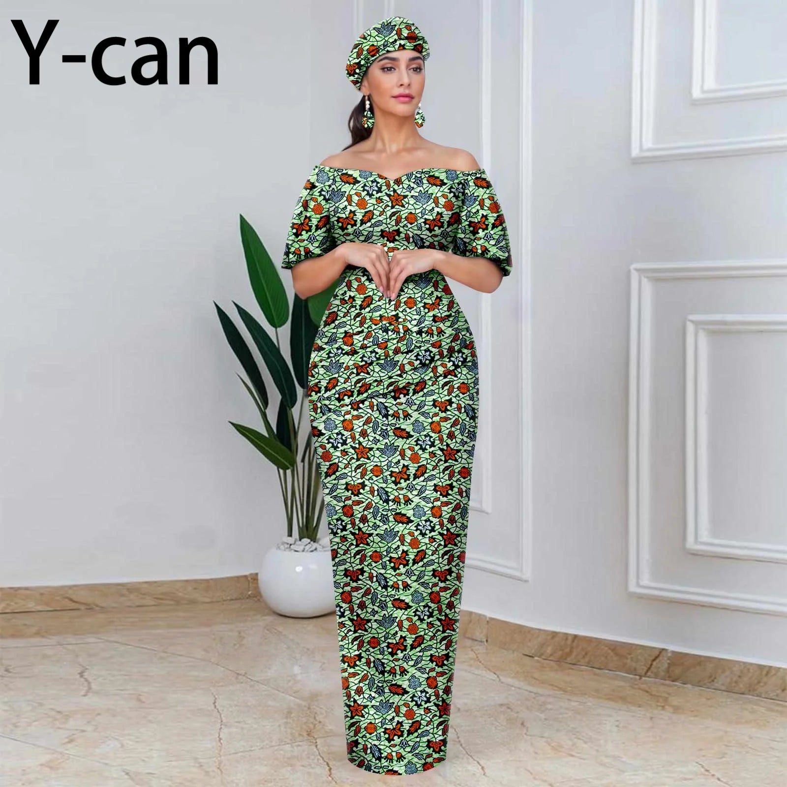 Elegant African Off-Shoulder Maxi Dress with Matching Headscarf & Earrings