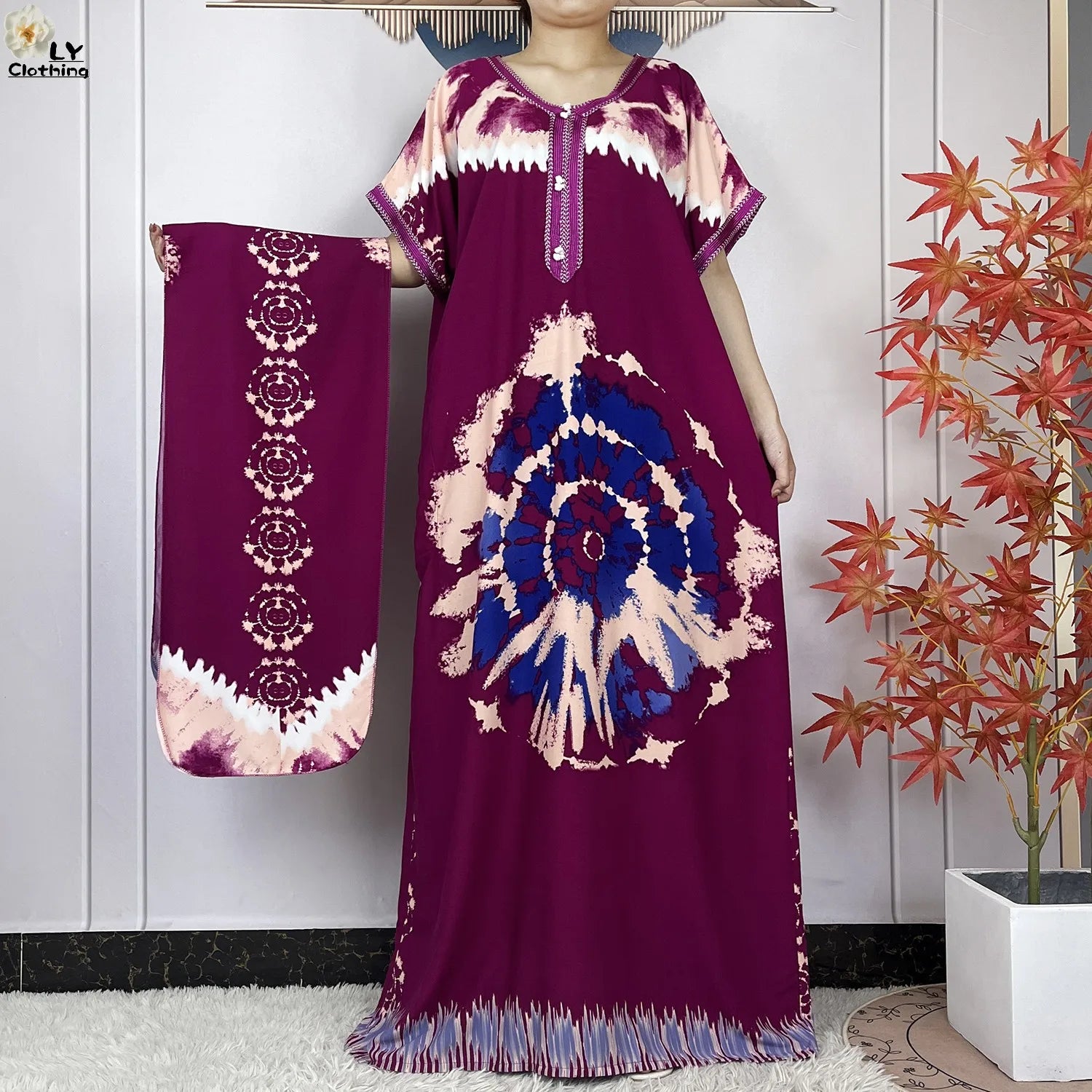 Elegant African Style Cotton Abaya Dress for Women with Patterned Print - Loose Fit Short Sleeve Muslim Rob