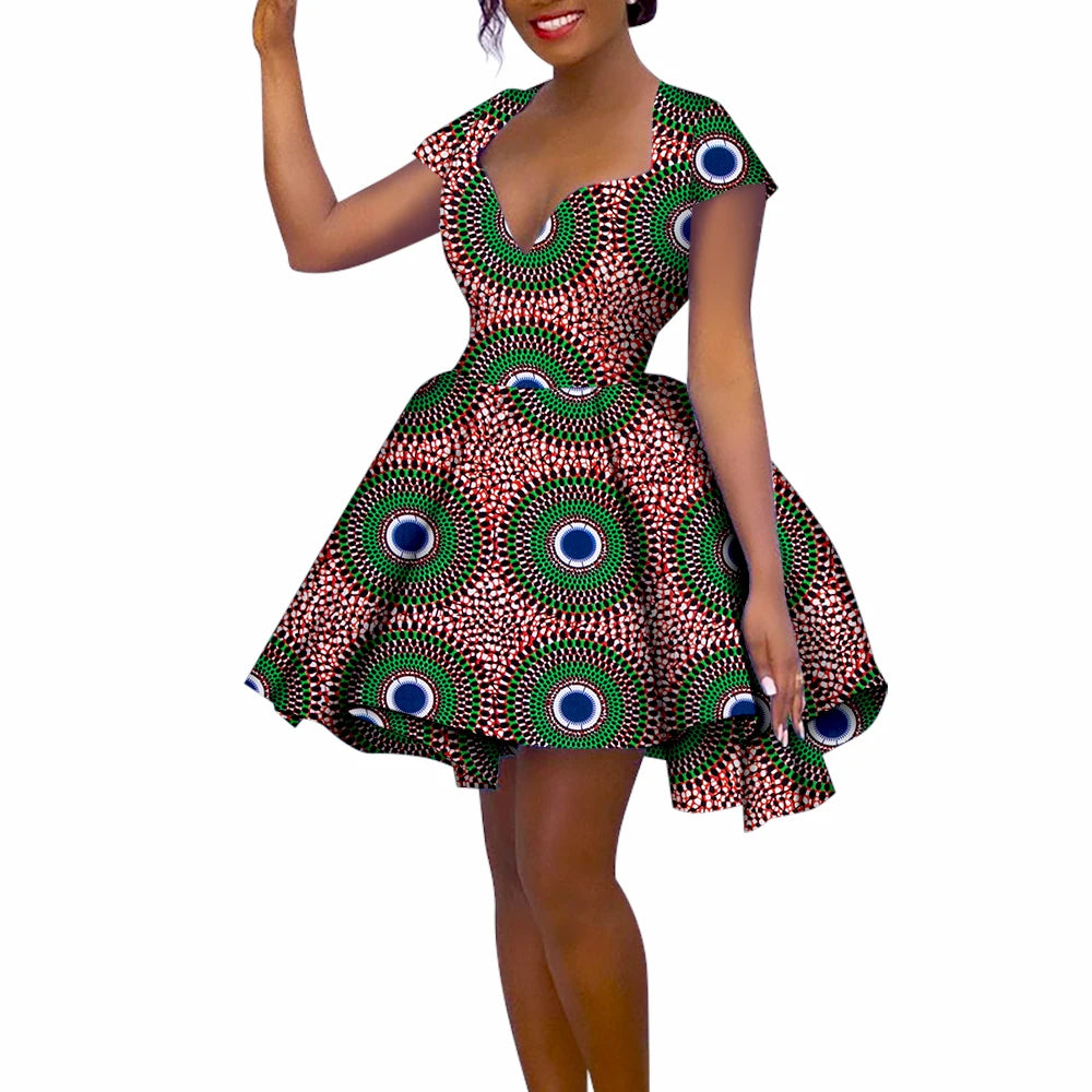 African Women’s Summer Dress – Short Sleeve Ankara Dashiki Print Ball Gown