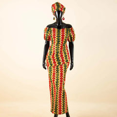 Elegant African Off-Shoulder Maxi Dress with Matching Headscarf & Earrings