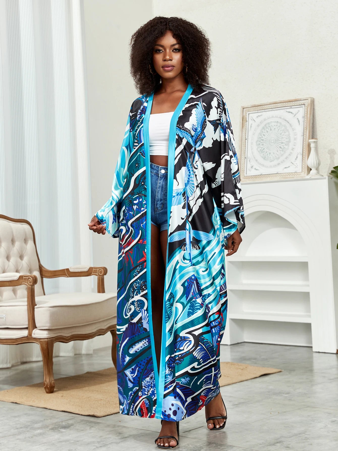 Buy Plus Size Boho Kimono, Women's Plus Lotus Print Contrast Binding Long for only $32.85 at Flexi Africa - Flexi Africa
