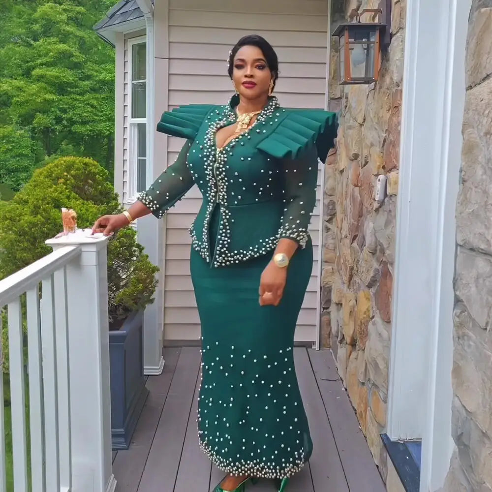 Elegant African Women’s Dress Suit – Luxury Mesh Fabric Fashion