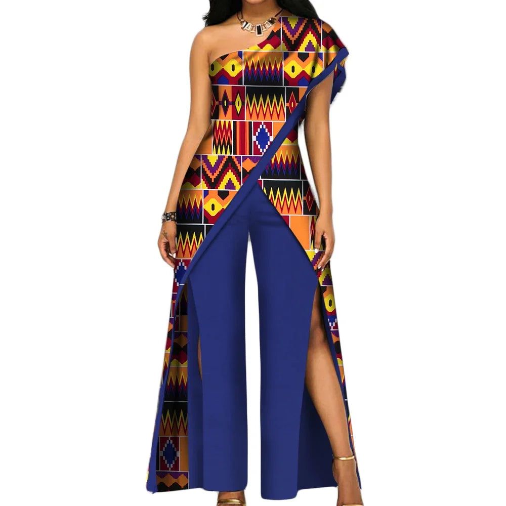 2PC African Women’s Ankara Pant Set – Stylish Off-Shoulder Top and Trousers