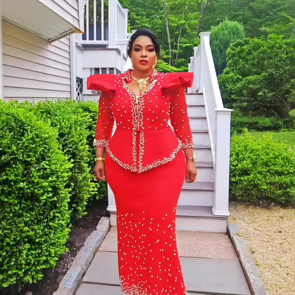 Elegant African Women’s Dress Suit – Luxury Mesh Fabric Fashion