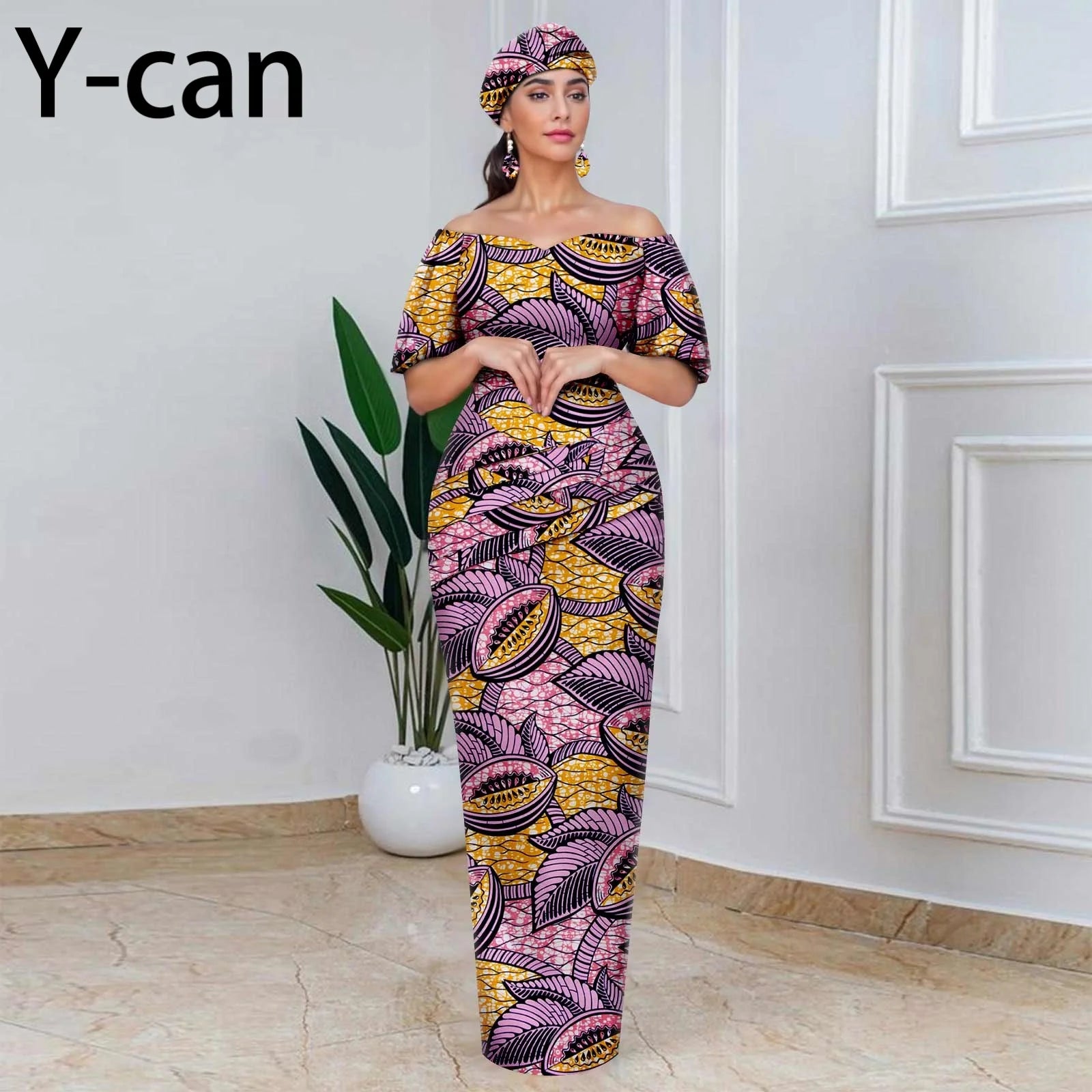 Elegant African Off-Shoulder Maxi Dress with Matching Headscarf & Earrings