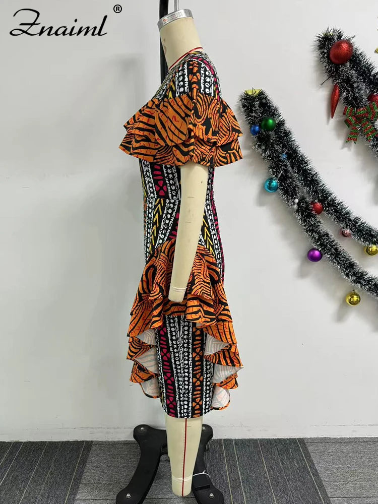 African Festival Print Midi Dress – Elegant Short Sleeve Ruffle Bodycon Summer Outfit