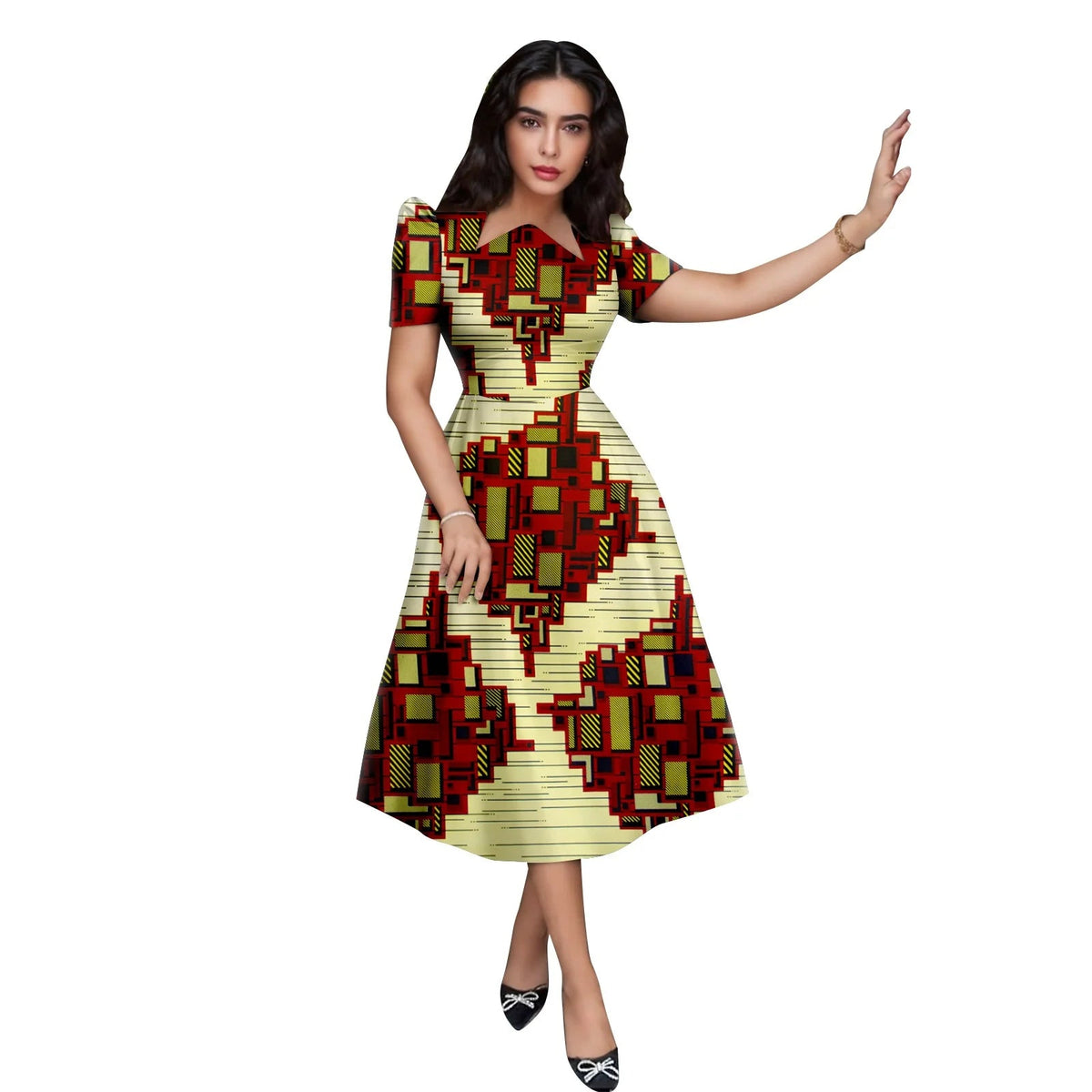 Buy African Print Collar Mid-Calf Dress – Short Sleeve Elegant Party & Casual Wear for only $56.54 at Flexi Africa!