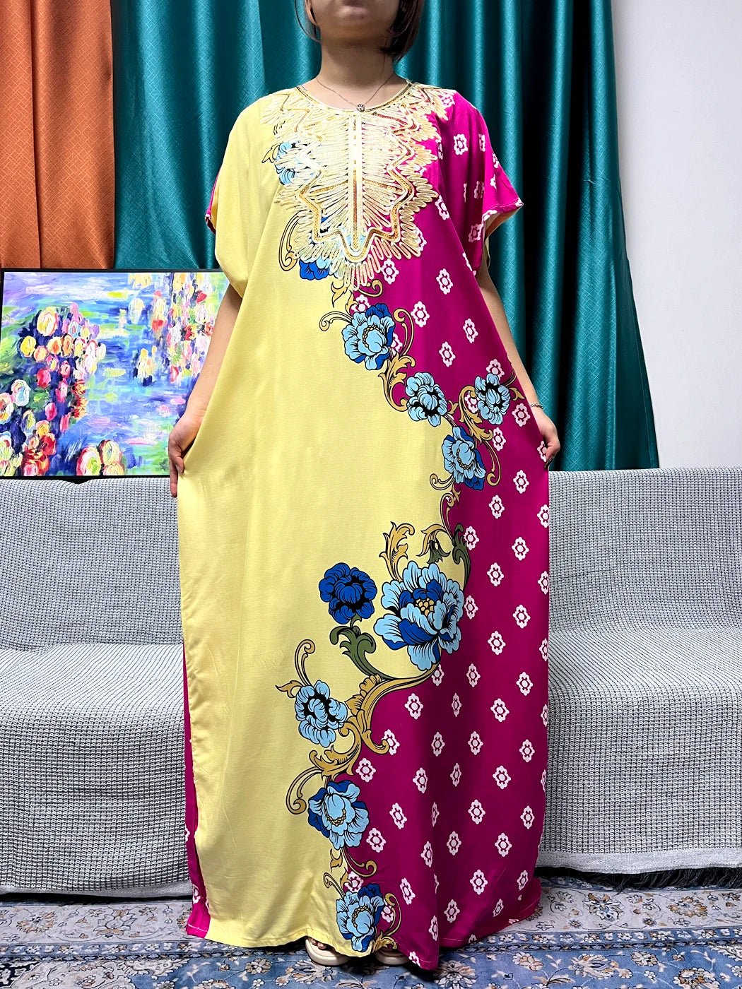 Abayas For Women Appliques Cotton Printed Floral Short Sleeves Loose Fit Femme Robe African Dresses With Turban - Flexi Africa - Flexi Africa offers Free Delivery Worldwide - Vibrant African traditional clothing showcasing bold prints and intricate designs