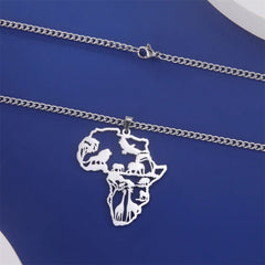 Africa Map Lion Elephant Monkey Giraffe Pendant Necklaces Stainless Steel Animal Chain Choker African Jewelry - Flexi Africa