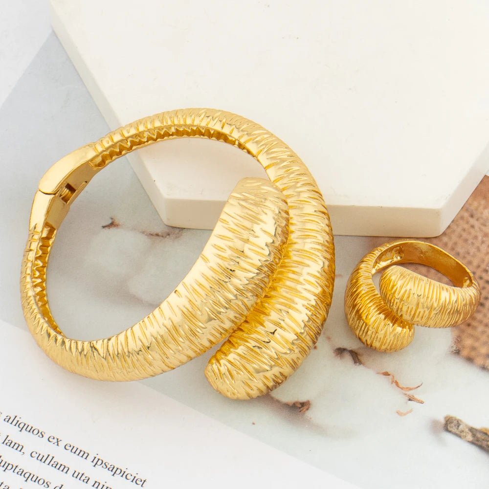 African 18k Gold Plated Hand Jewelry Set: Cuff Bangle and Ring Ensemble for Wedding Brides - Flexi Africa www.flexiafrica.com