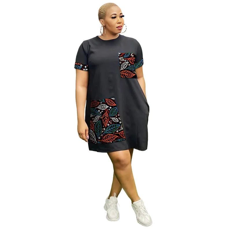 African Ankara Couture Black Dress for Women – O - Neck Short Sleeve Design - Free Delivery Worldwide only at Flexi Africa