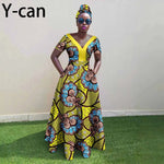 African Ankara Patchwork A - Line Dress – Women’s V - Neck Short Sleeve Party Dress with Headscarf - Free Delivery Worldwide only at Flexi Africa