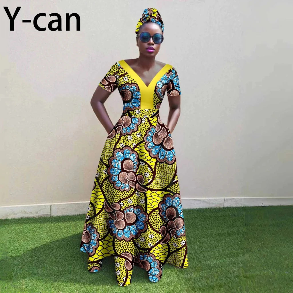 African Ankara Patchwork A - Line Dress – Women’s V - Neck Short Sleeve Party Dress with Headscarf - Free Delivery Worldwide only at Flexi Africa