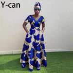 African Ankara Patchwork A - Line Dress – Women’s V - Neck Short Sleeve Party Dress with Headscarf - Free Delivery Worldwide only at Flexi Africa
