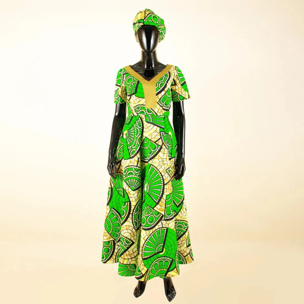 African Ankara Patchwork A - Line Dress – Women’s V - Neck Short Sleeve Party Dress with Headscarf - Free Delivery Worldwide only at Flexi Africa