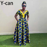 African Ankara Patchwork A - Line Dress – Women’s V - Neck Short Sleeve Party Dress with Headscarf - Free Delivery Worldwide only at Flexi Africa