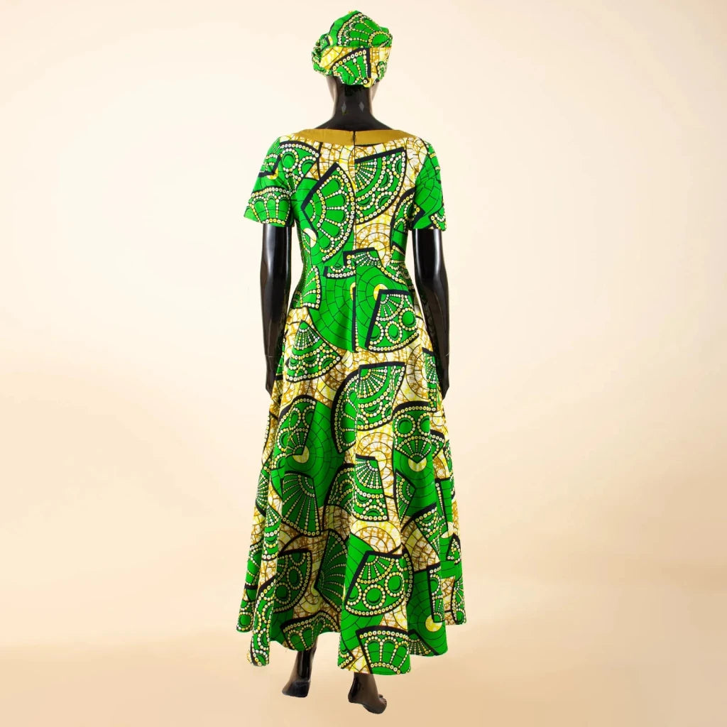 African Ankara Patchwork A - Line Dress – Women’s V - Neck Short Sleeve Party Dress with Headscarf - Free Delivery Worldwide only at Flexi Africa