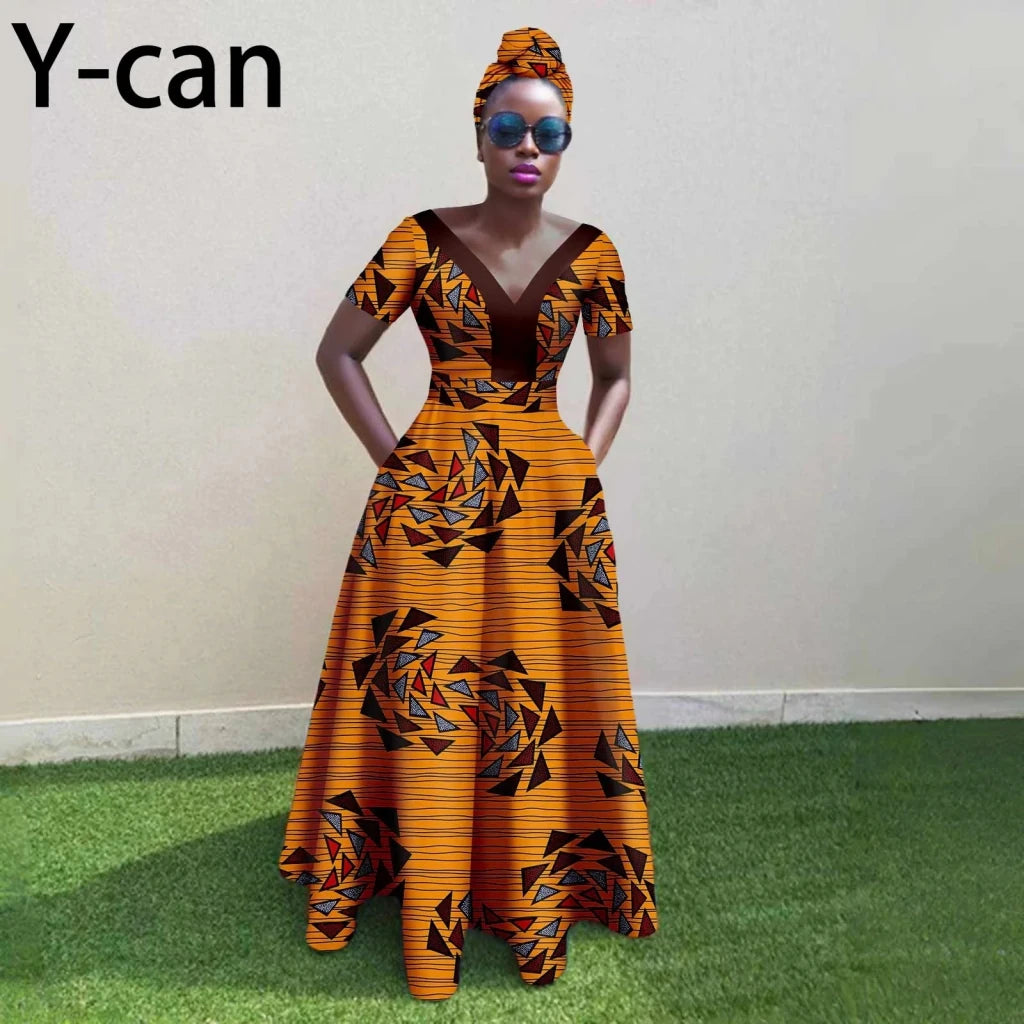 African Ankara Patchwork A - Line Dress – Women’s V - Neck Short Sleeve Party Dress with Headscarf - Free Delivery Worldwide only at Flexi Africa