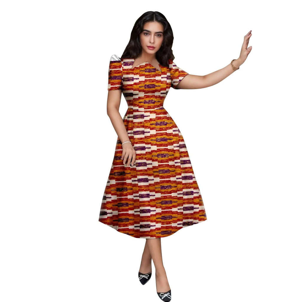 Buy African Print Collar Mid-Calf Dress – Short Sleeve Elegant Party & Casual Wear for only $56.54 at Flexi Africa!