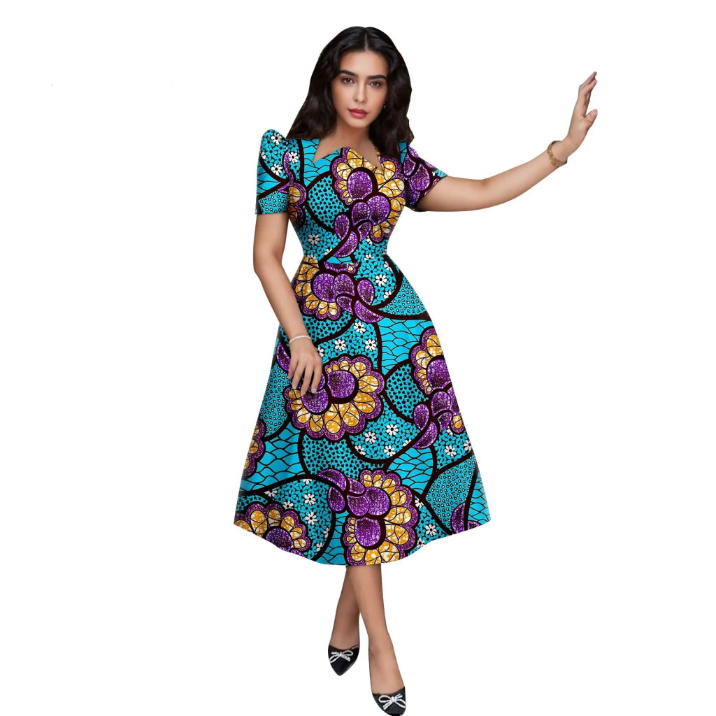 Buy African Print Collar Mid-Calf Dress – Short Sleeve Elegant Party & Casual Wear for only $56.54 at Flexi Africa!