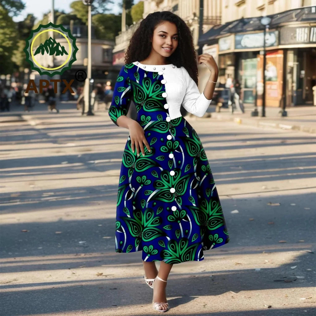 African Ankara Print Dress for Women – O - Neck Three - Quarter Sleeve Mid - Calf Dashiki Dress - Free Delivery Worldwide only at Flexi Africa