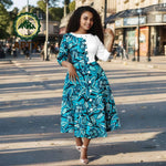 African Ankara Print Dress for Women – O - Neck Three - Quarter Sleeve Mid - Calf Dashiki Dress - Free Delivery Worldwide only at Flexi Africa