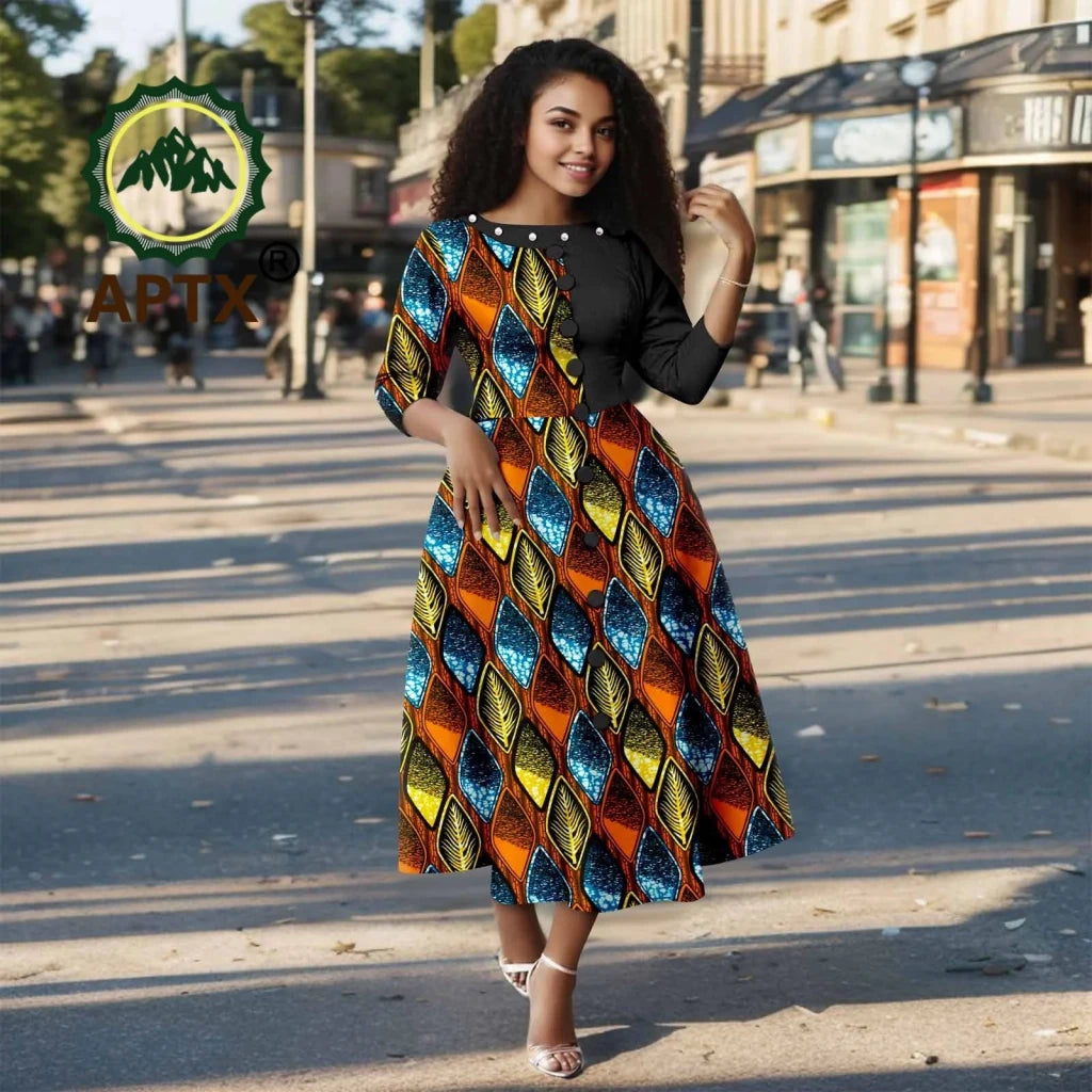 African Ankara Print Dress for Women – O - Neck Three - Quarter Sleeve Mid - Calf Dashiki Dress - Free Delivery Worldwide only at Flexi Africa