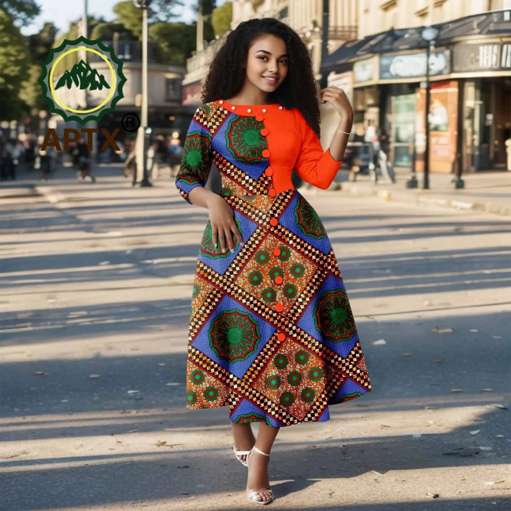 African Ankara Print Dress for Women – O - Neck Three - Quarter Sleeve Mid - Calf Dashiki Dress - Free Delivery Worldwide only at Flexi Africa