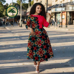 African Ankara Print Dress for Women – O - Neck Three - Quarter Sleeve Mid - Calf Dashiki Dress - Free Delivery Worldwide only at Flexi Africa