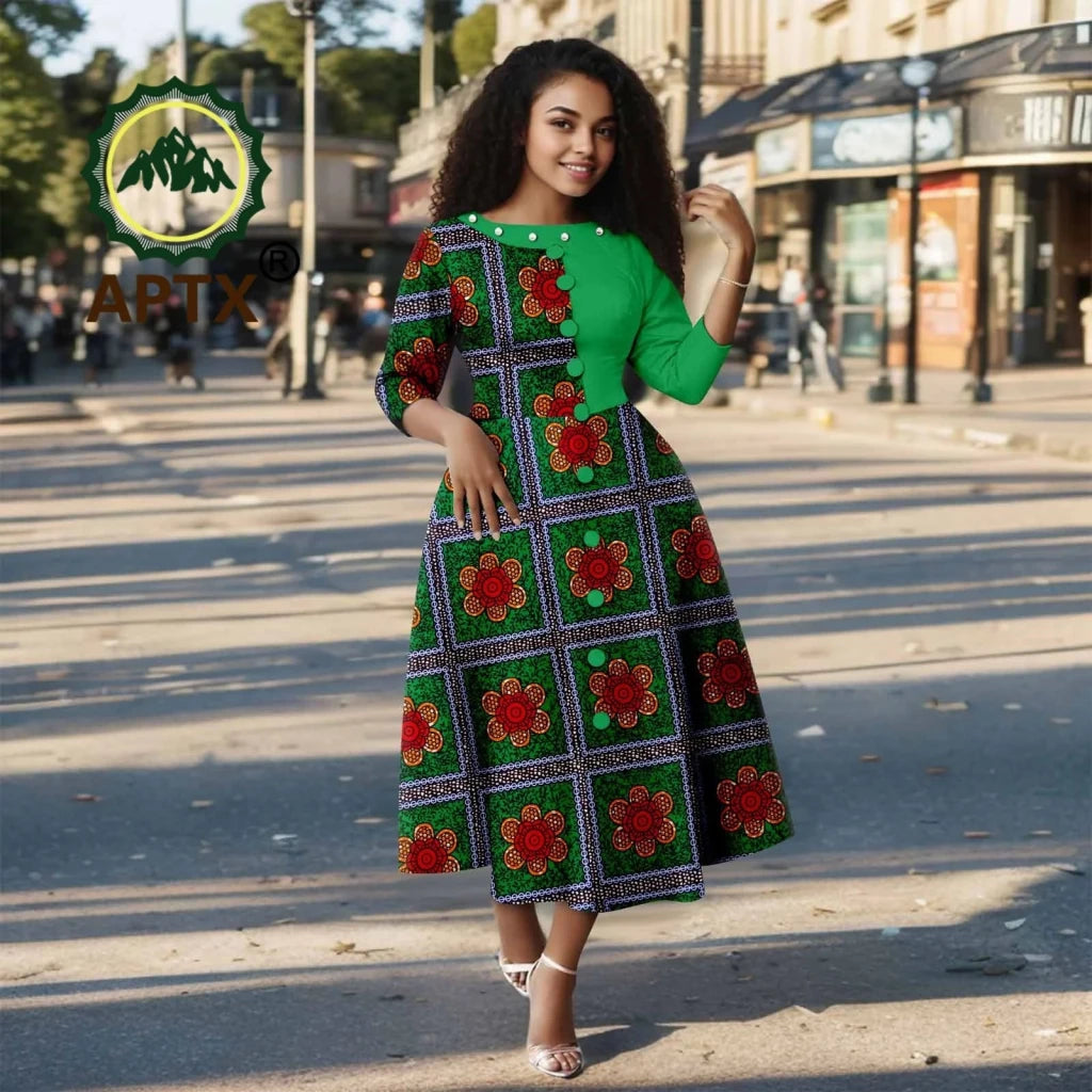 African Ankara Print Dress for Women – O - Neck Three - Quarter Sleeve Mid - Calf Dashiki Dress - Free Delivery Worldwide only at Flexi Africa