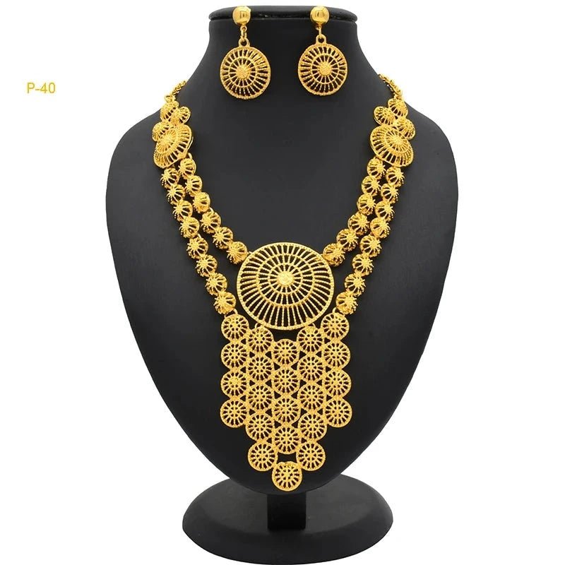 African Bridal Wedding Party Jewelry Set: Gold-Colored Necklace, Earrings, and Big Pendant Ensemble - Flexi Africa FREE POST