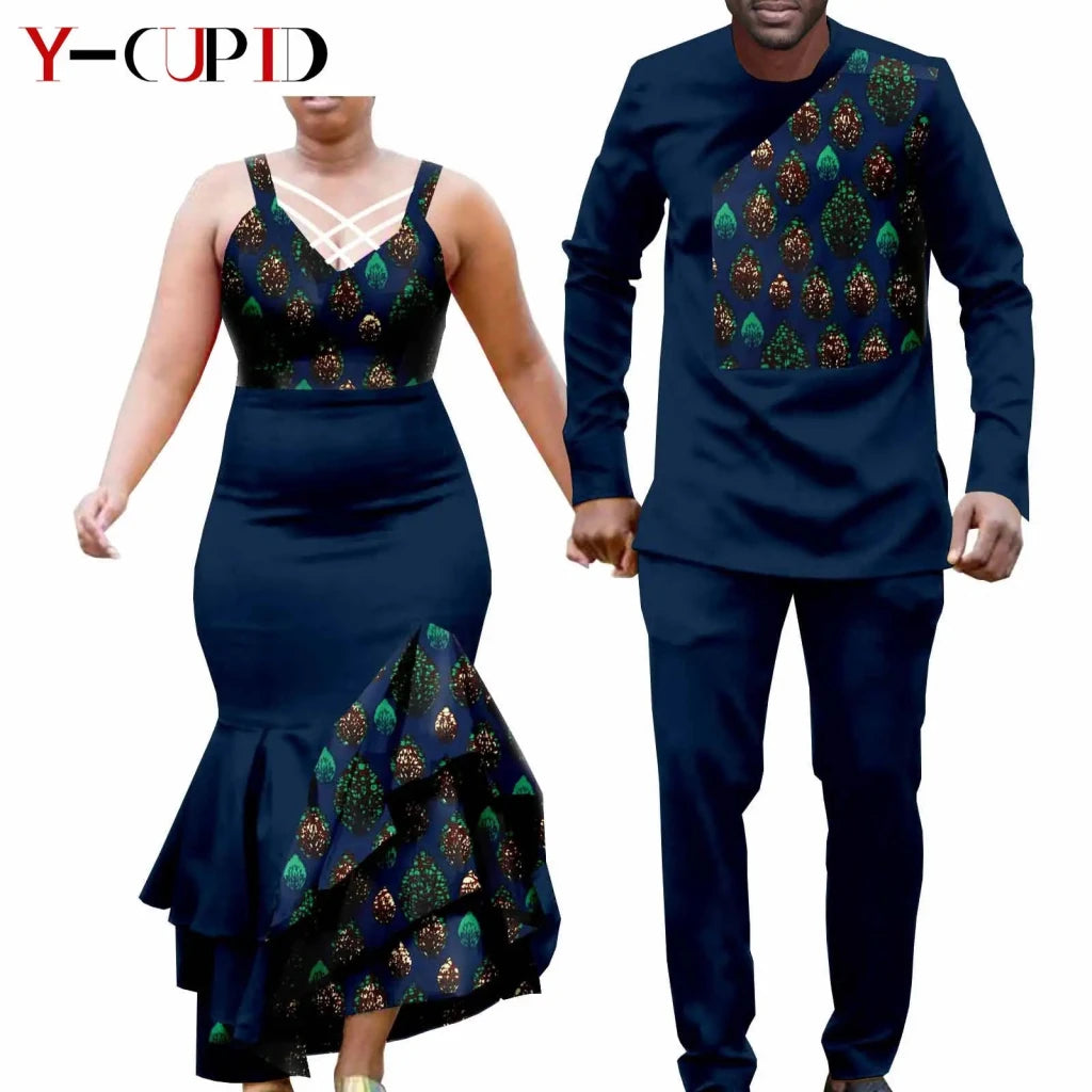 African Clothes for Couple Print Long Dresses for Women Dashiki Men Outfits Shirts and Pants 2 Piece Sets for Wedding A21C005 - Free Delivery Worldwide only at Flexi Africa