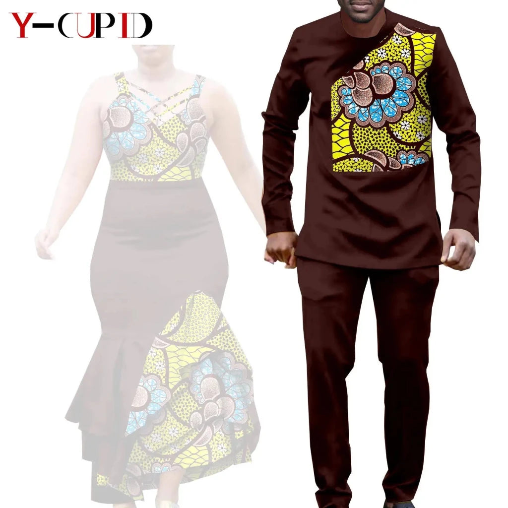 African Clothes for Couple Print Long Dresses for Women Dashiki Men Outfits Shirts and Pants 2 Piece Sets for Wedding A21C005 - Free Delivery Worldwide only at Flexi Africa