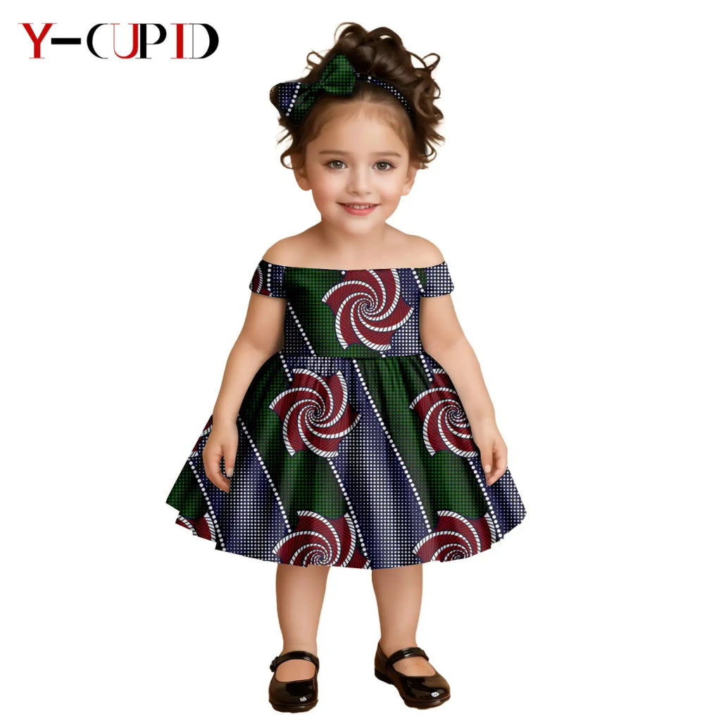African Clothes for Kids Girls – Ankara Print Slash Neck Party Dress with Bow Headband - Free Delivery Worldwide only at Flexi Africa