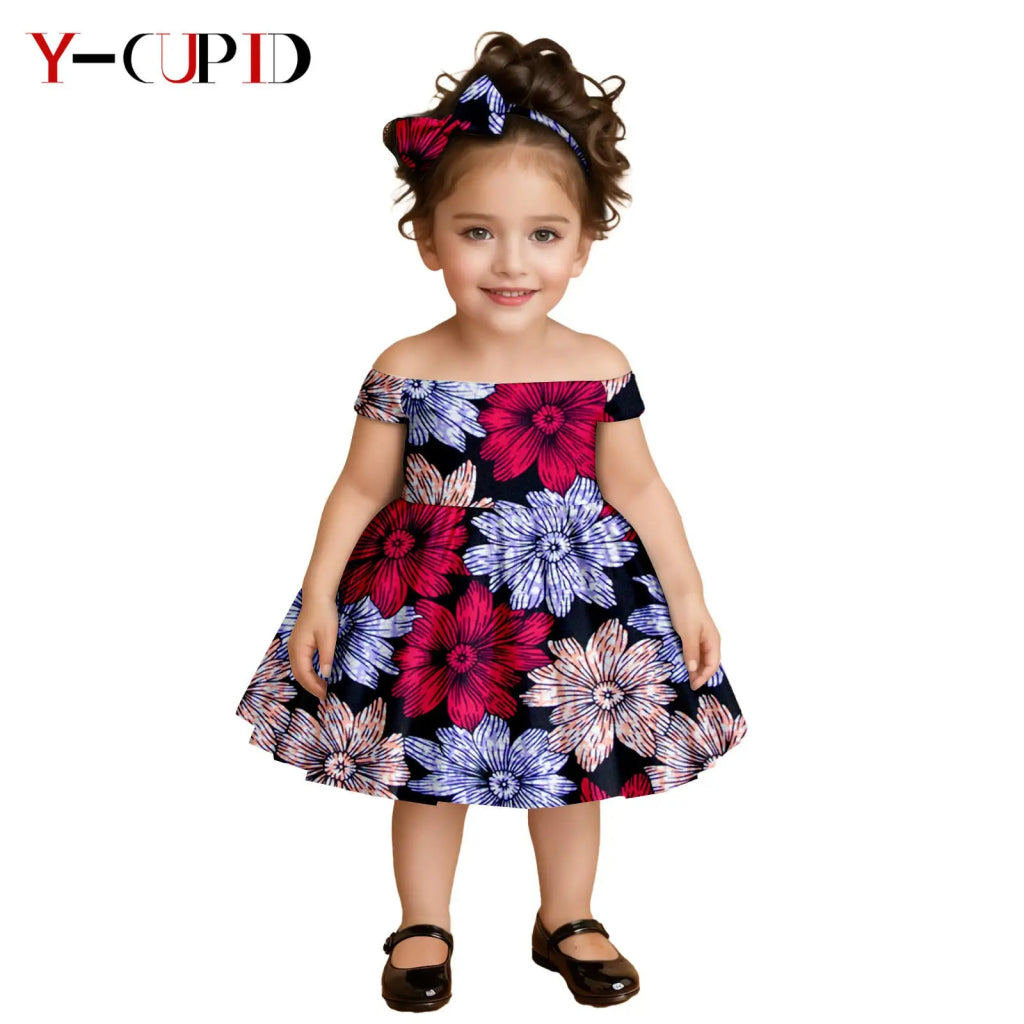African Clothes for Kids Girls – Ankara Print Slash Neck Party Dress with Bow Headband - Free Delivery Worldwide only at Flexi Africa