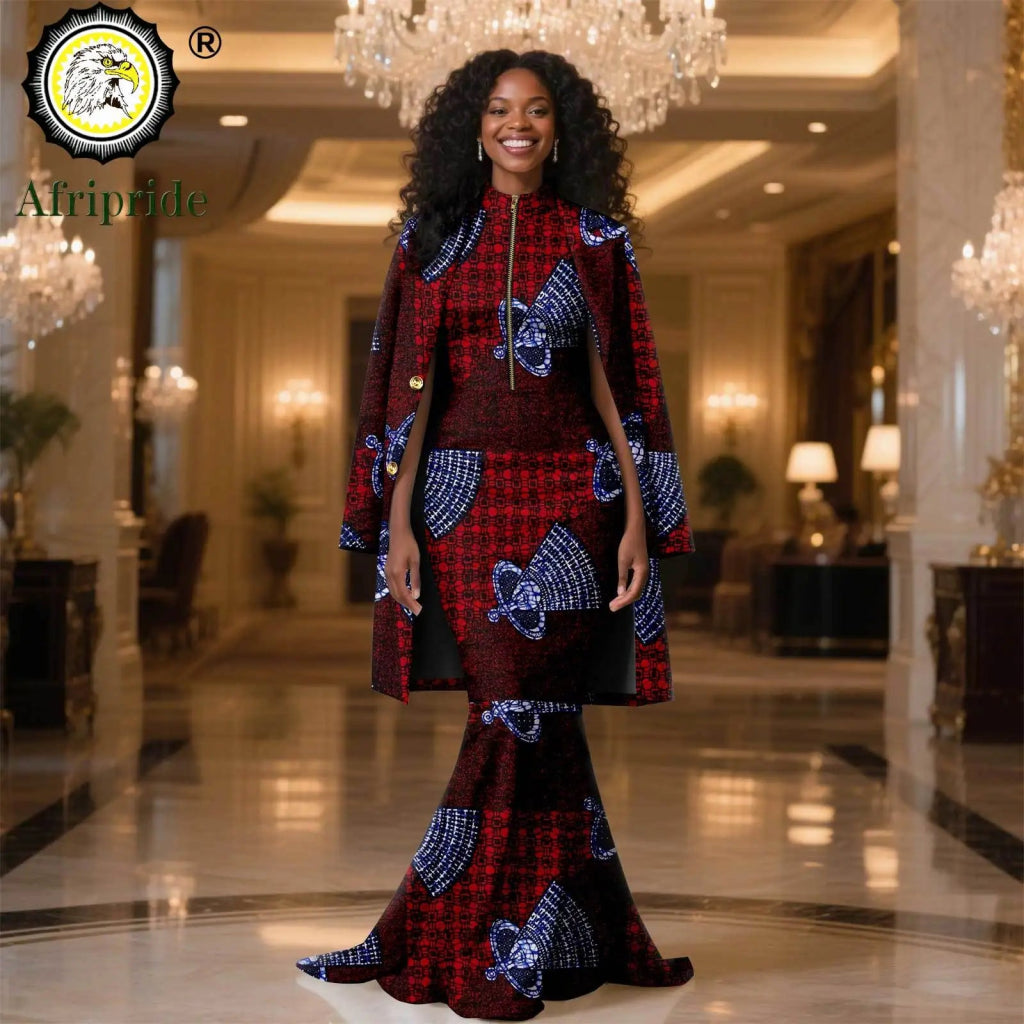 African Clothes for Women 2PC Set – Single Breasted Jacket and Zipper Maxi Dress Ankara Print Outfit - Free Delivery Worldwide only at Flexi Africa