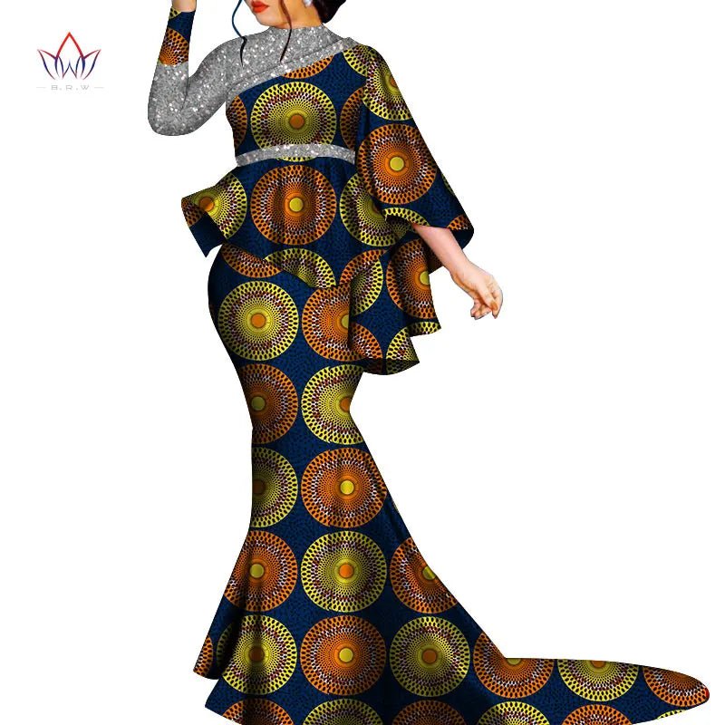 Buy African Bazin Riche Floral Printed 2PC Set – Irregular Bat Sleeve Top & Long Skirt Elegant Party Outfit for Women