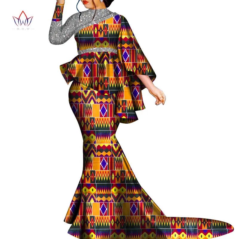 Buy African Bazin Riche Floral Printed 2PC Set – Irregular Bat Sleeve Top & Long Skirt Elegant Party Outfit for Women